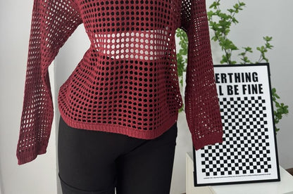 Round Plain Long-Sleeve Knit Perforated Top Neck