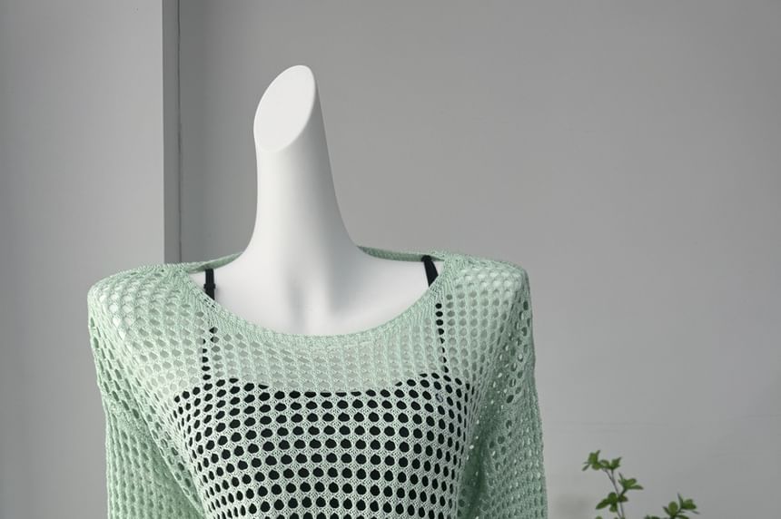 Round Plain Long-Sleeve Knit Perforated Top Neck