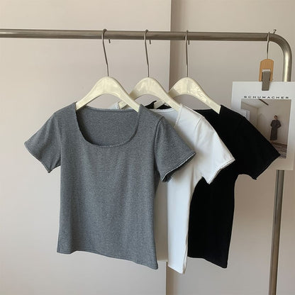 Square-Neck Plain Tee, Short-Sleeved