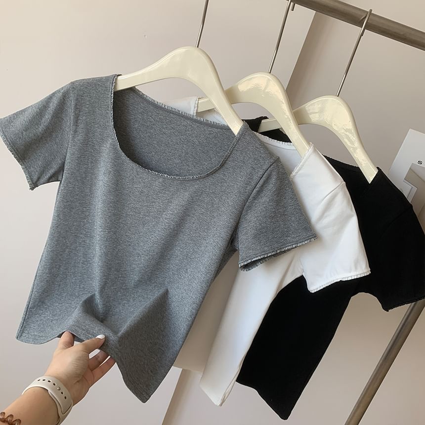 Square-Neck Plain Tee, Short-Sleeved