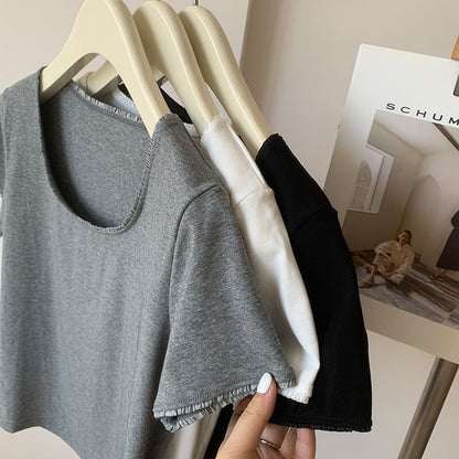 Square-Neck Plain Tee, Short-Sleeved