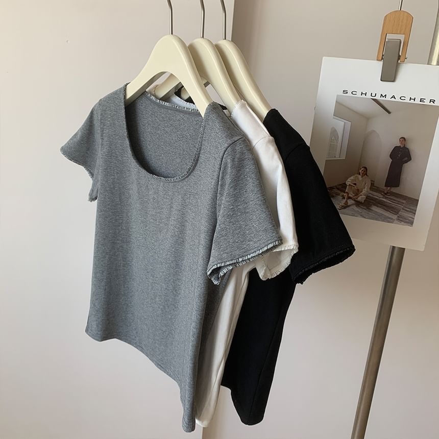 Square-Neck Plain Tee, Short-Sleeved