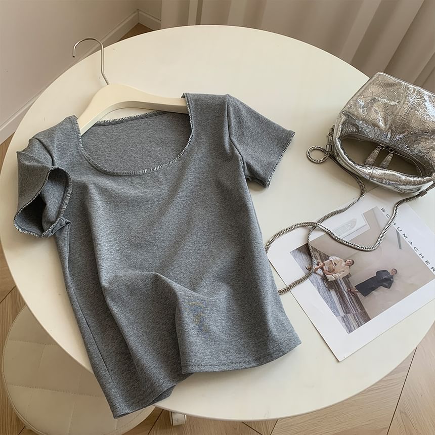 Square-Neck Plain Tee, Short-Sleeved