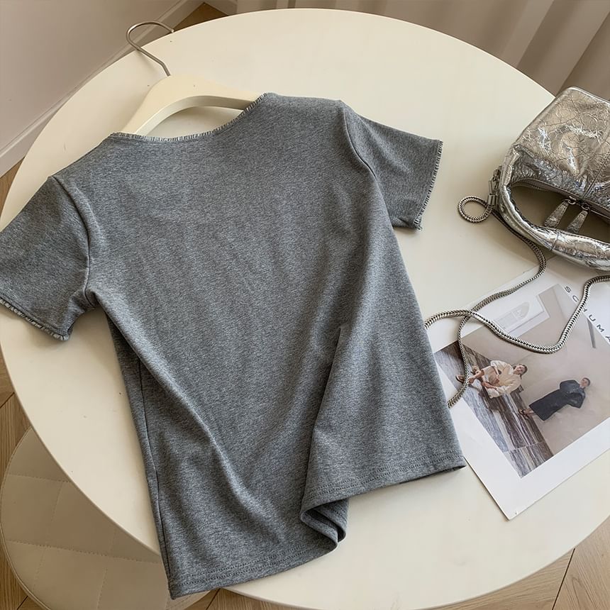 Square-Neck Plain Tee, Short-Sleeved