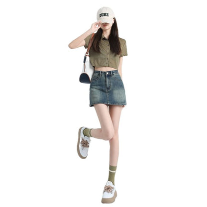 Mid Rise Washed Denim Skort