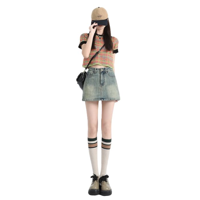 Mid Rise Washed Denim Skort