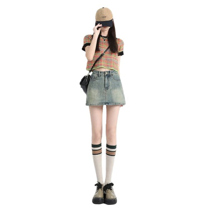 Mid Rise Washed Denim Skort
