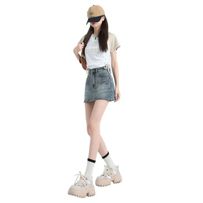 Mid Rise Washed Denim Skort