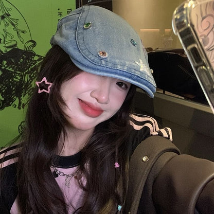 Cap Embellished Denim Flat