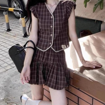 Plaid Cap-Sleeve Blouse & Bubble-Hem Mini Skirt Set