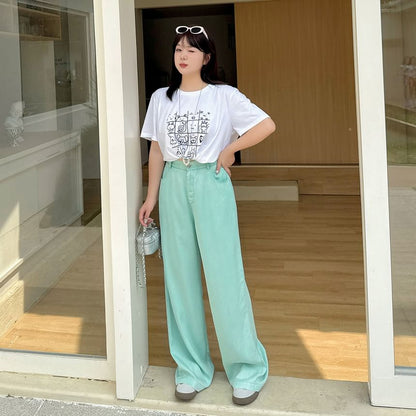 Plus Size High Rise Plain Wide Leg Jeans