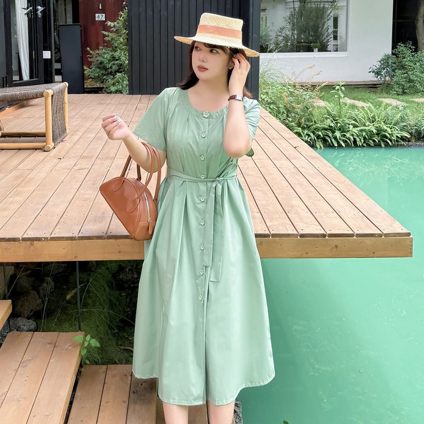 Plus Size Short-Sleeve Round Neck Plain Flower Accent Midi A-Line Dress