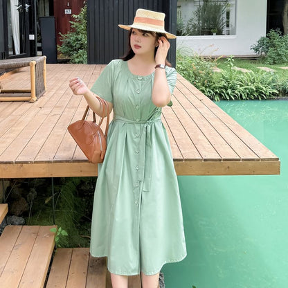 Plus Size Short-Sleeve Round Neck Plain Flower Accent Midi A-Line Dress