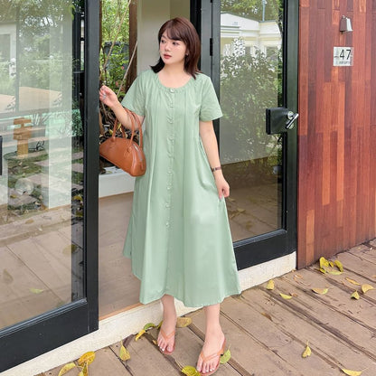 Plus Size Short-Sleeve Round Neck Plain Flower Accent Midi A-Line Dress