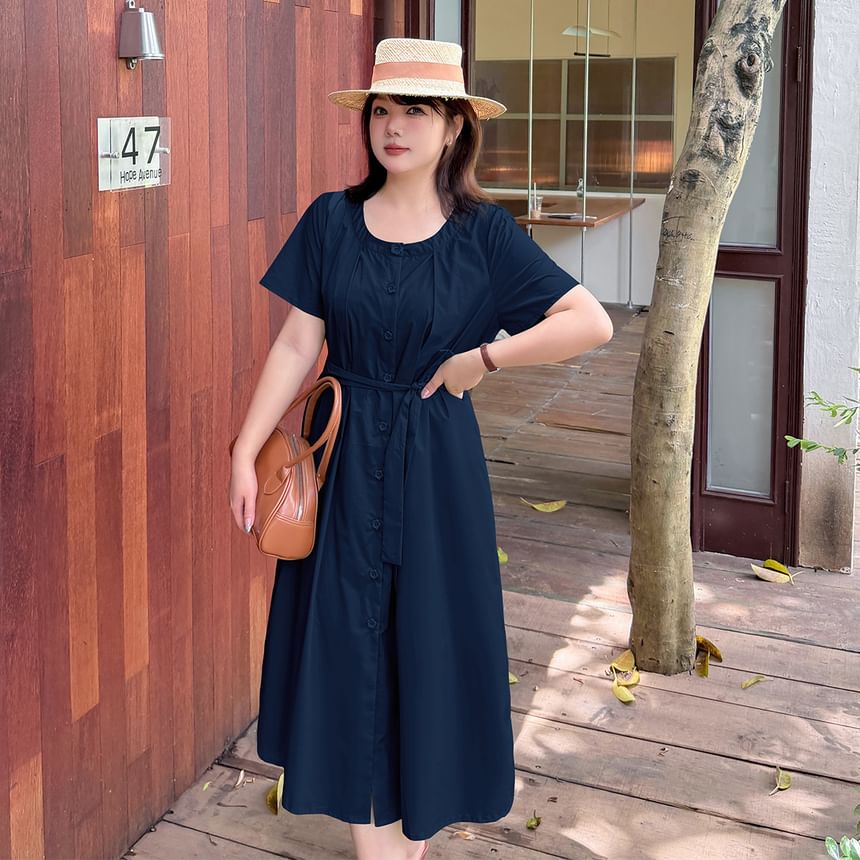 Plus Size Short-Sleeve Round Neck Plain Flower Accent Midi A-Line Dress