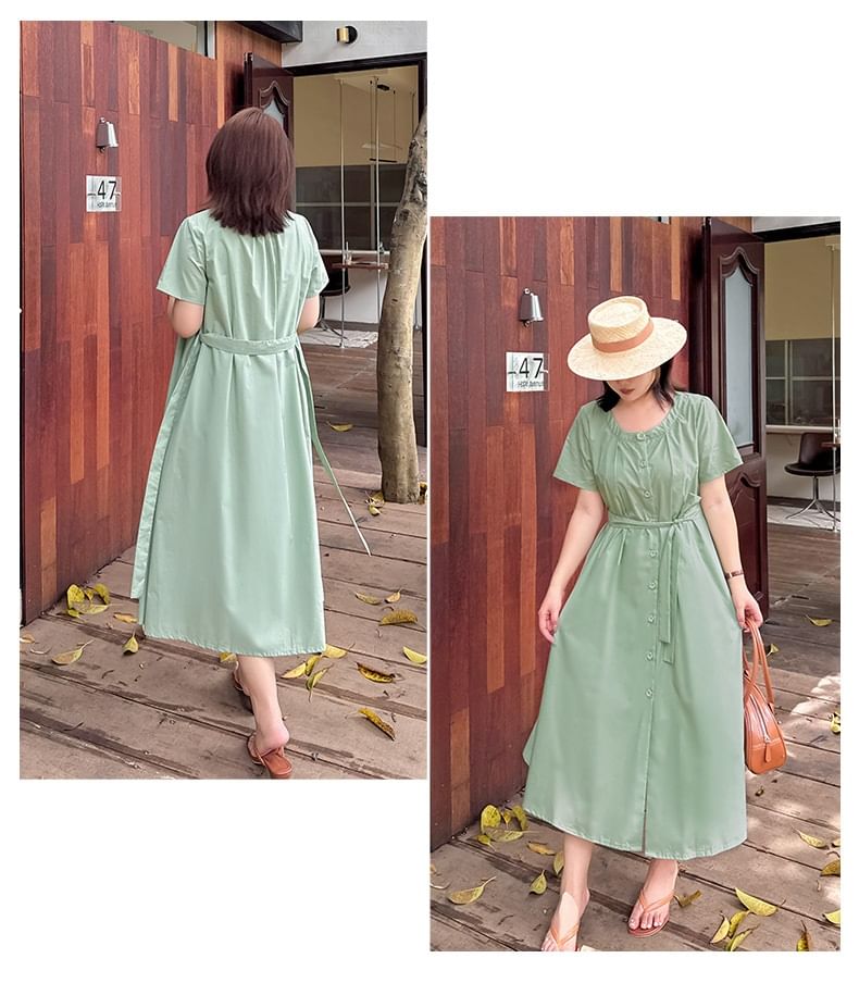 Plus Size Short-Sleeve Round Neck Plain Flower Accent Midi A-Line Dress