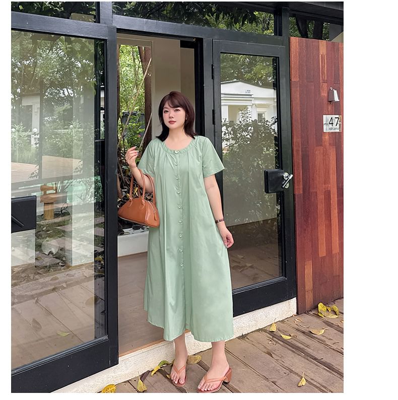 Plus Size Short-Sleeve Round Neck Plain Flower Accent Midi A-Line Dress