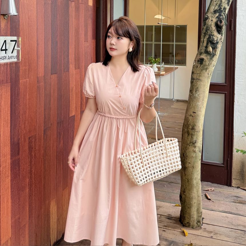 Plus Size Short-Sleeve V-Neck Plain Midi A-Line Dress