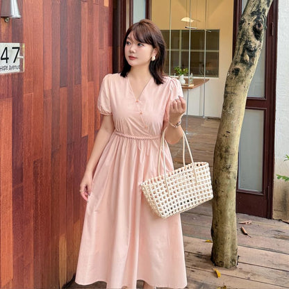 Plus Size Short-Sleeve V-Neck Plain Midi A-Line Dress