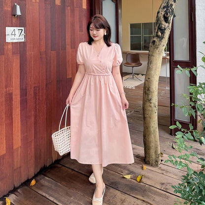 Plus Size Short-Sleeve V-Neck Plain Midi A-Line Dress