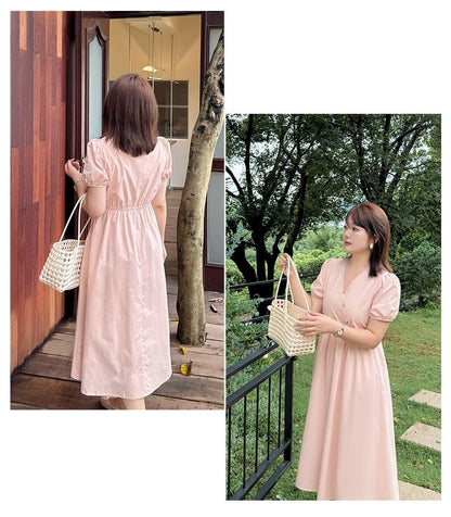 Plus Size Short-Sleeve V-Neck Plain Midi A-Line Dress