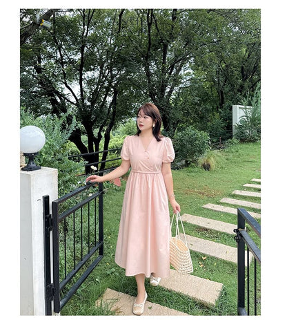 Plus Size Short-Sleeve V-Neck Plain Midi A-Line Dress