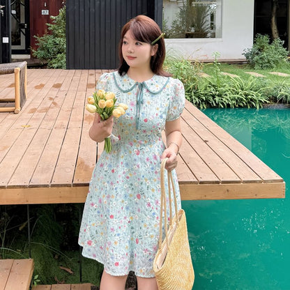 Plus Size Puff-Sleeve Collar Floral Embroidered Bow A-Line Dress