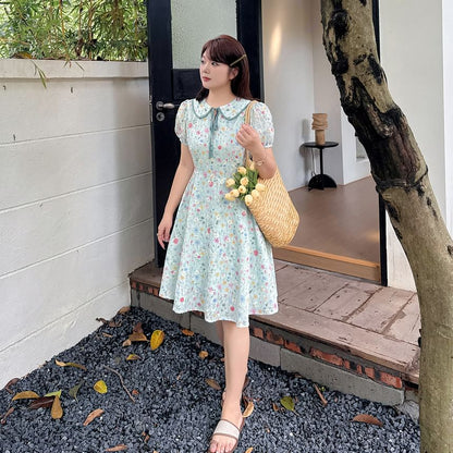 Plus Size Puff-Sleeve Collar Floral Embroidered Bow A-Line Dress
