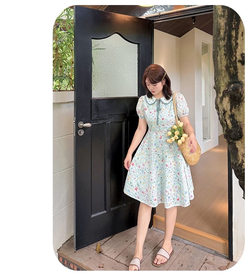 Plus Size Puff-Sleeve Collar Floral Embroidered Bow A-Line Dress