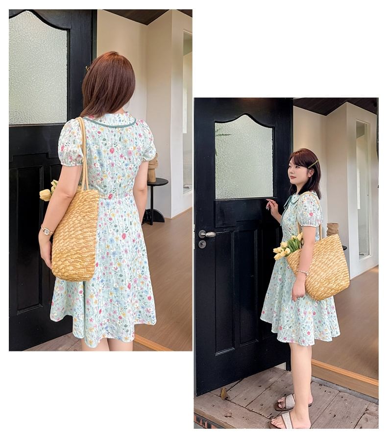 Plus Size Puff-Sleeve Collar Floral Embroidered Bow A-Line Dress