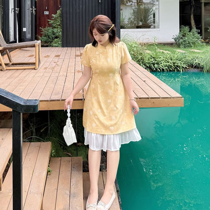 [XL-4XL] Short-Sleeve Floral A-Line Qipao