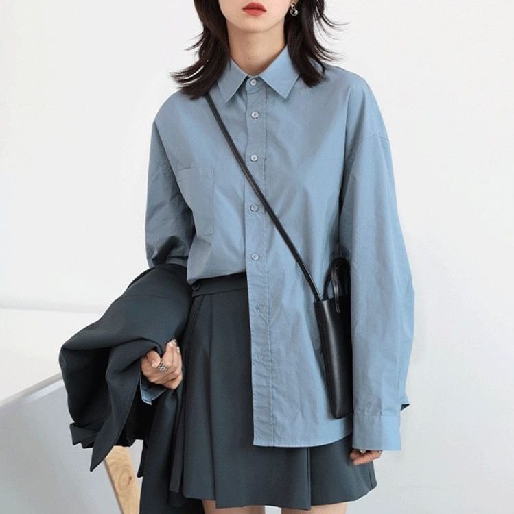 Relaxed Fit Plain Long-Sleeved Shirt