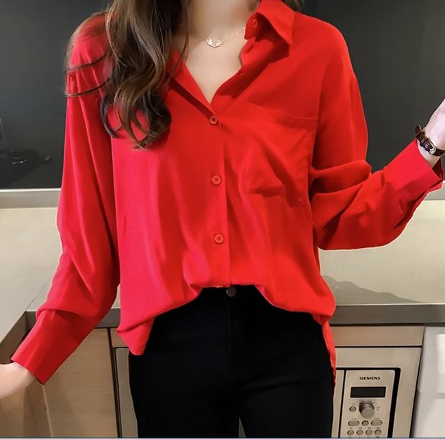 Pocketed Plain Long-Sleeved Shirt