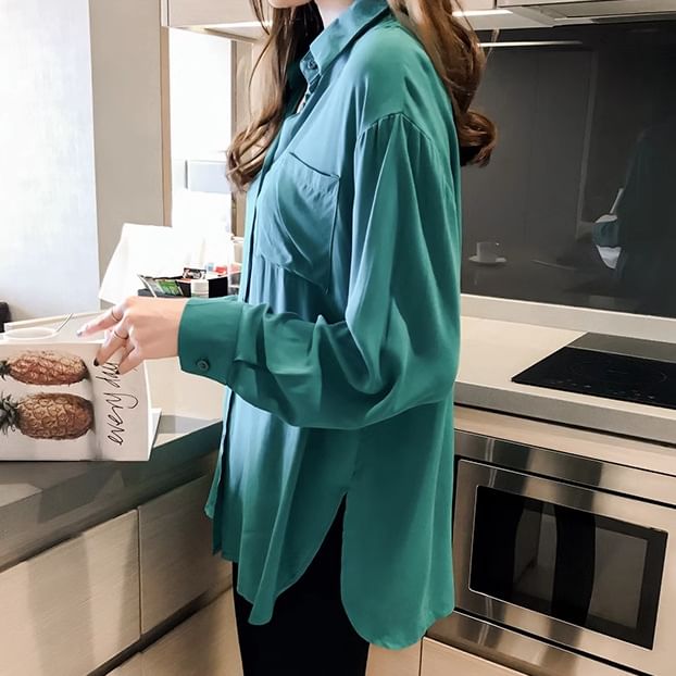 Pocketed Plain Long-Sleeved Shirt