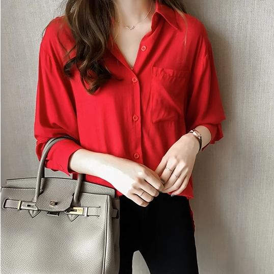 Pocketed Plain Long-Sleeved Shirt