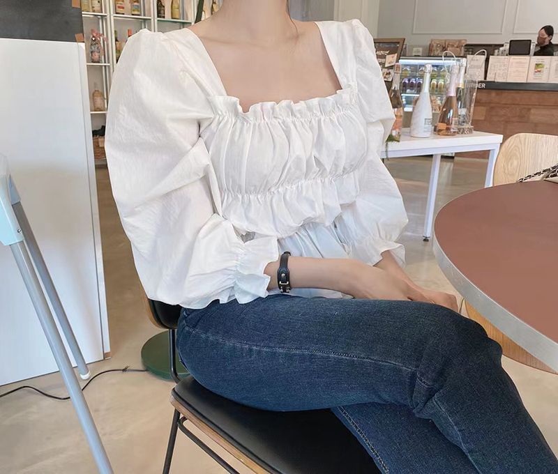 Smocked Square Neck Flowy Long-Sleeved Plain Blouse