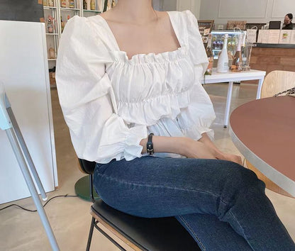 Smocked Square Neck Flowy Long-Sleeved Plain Blouse