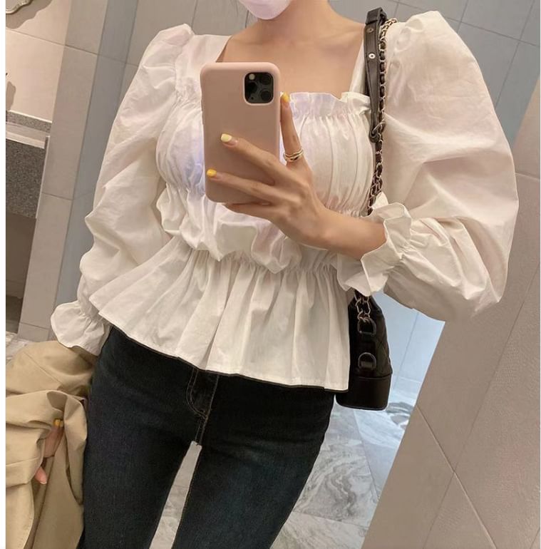 Smocked Square Neck Flowy Long-Sleeved Plain Blouse