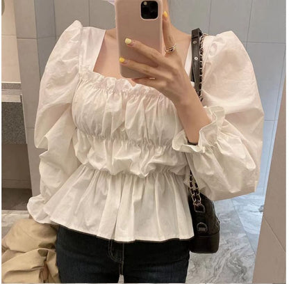 Smocked Square Neck Flowy Long-Sleeved Plain Blouse