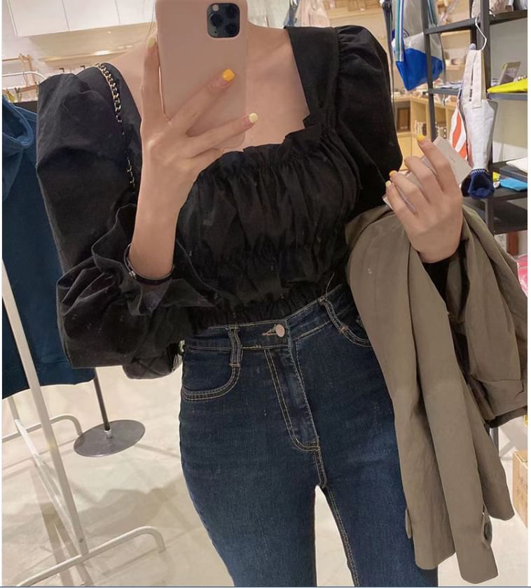 Smocked Square Neck Flowy Long-Sleeved Plain Blouse