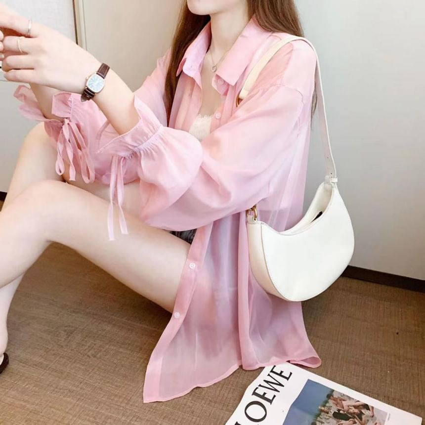 Sheer Plain Long-Sleeved Blouse