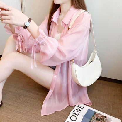 Sheer Plain Long-Sleeved Blouse