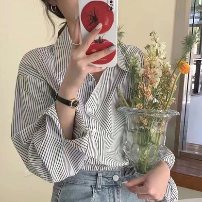 Asymmetric Striped Long-Sleeved Blouse