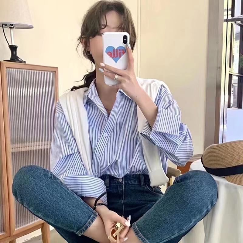 Asymmetric Striped Long-Sleeved Blouse