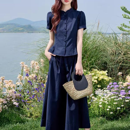 Puff-Sleeved Peplum Shirt & Wide-Leg High-Rise Pants Set
