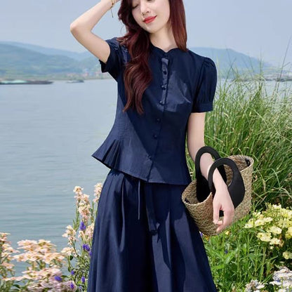 Puff-Sleeved Peplum Shirt & Wide-Leg High-Rise Pants Set