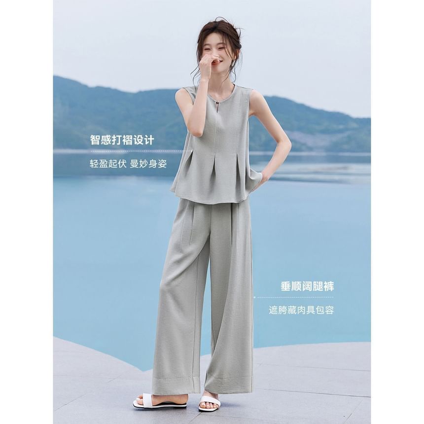 Notch Neck Peplum Blouse & High-Waisted Wide-Leg Pants Set