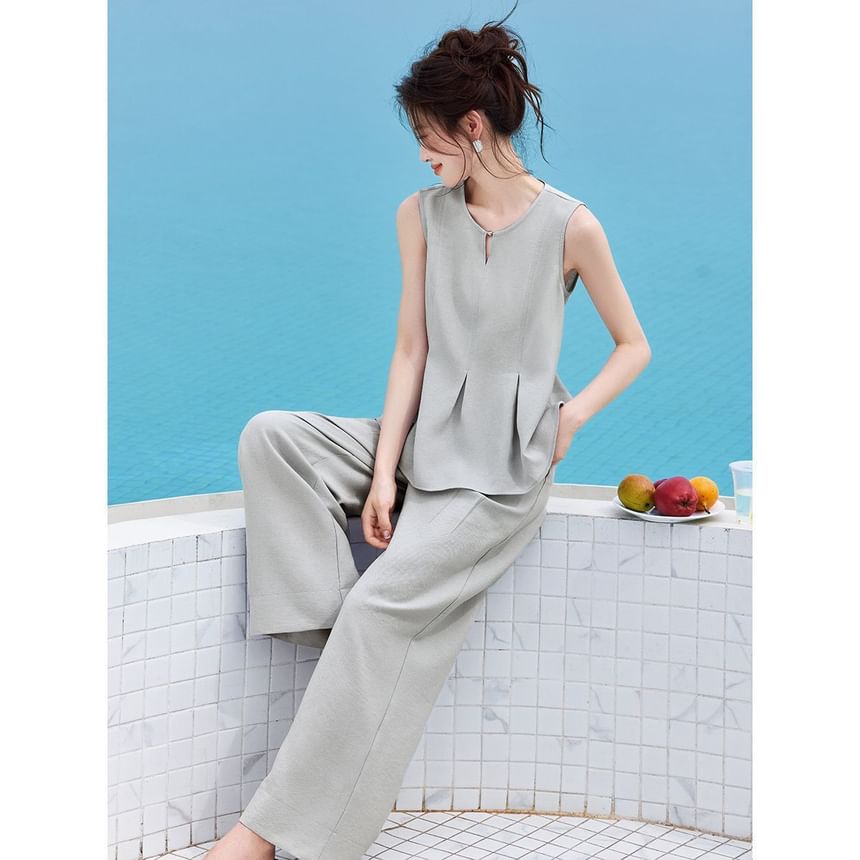 Notch Neck Peplum Blouse & High-Waisted Wide-Leg Pants Set