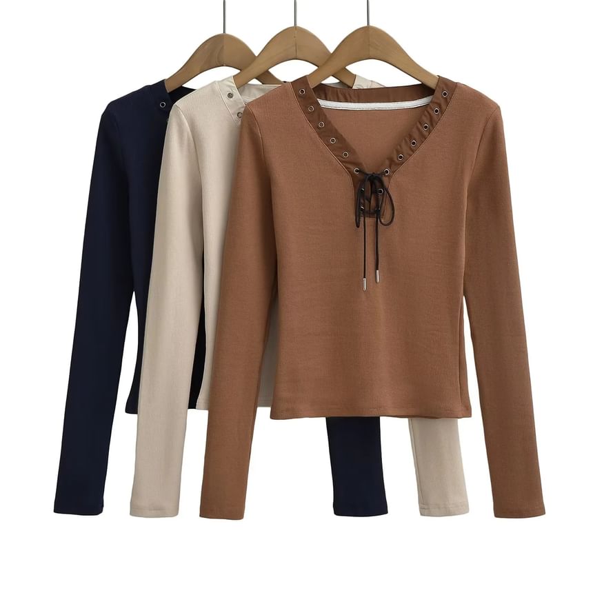 Lace-Up V-Neck Slim Top, Long-Sleeved