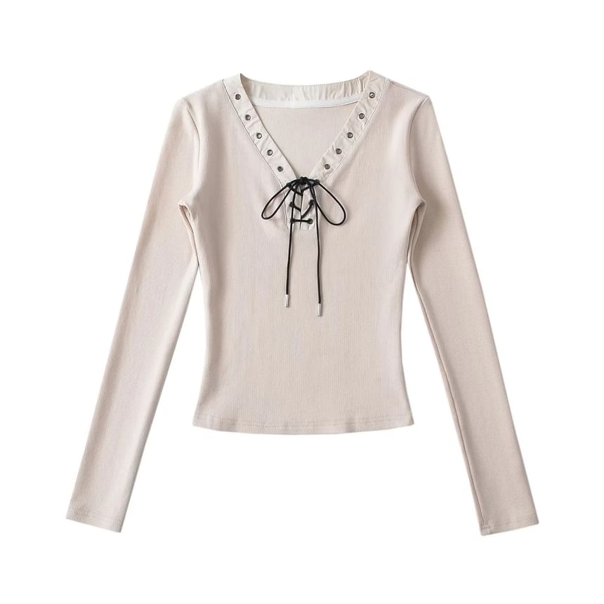 Lace-Up V-Neck Slim Top, Long-Sleeved